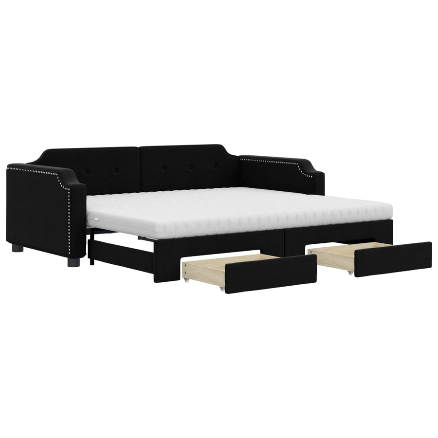 Slaapbank Met Onderschuifbed En Lades Stof 100 x 200 cm Zwart met onderschuifbed en lade en matras