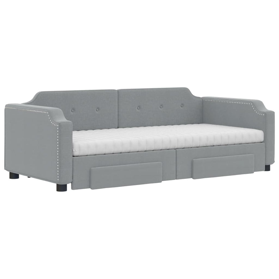 Slaapbank Met Onderschuifbed En Lades Stof Lichtgrijs 90 x 190 cm met onderschuifbed en lade en matras