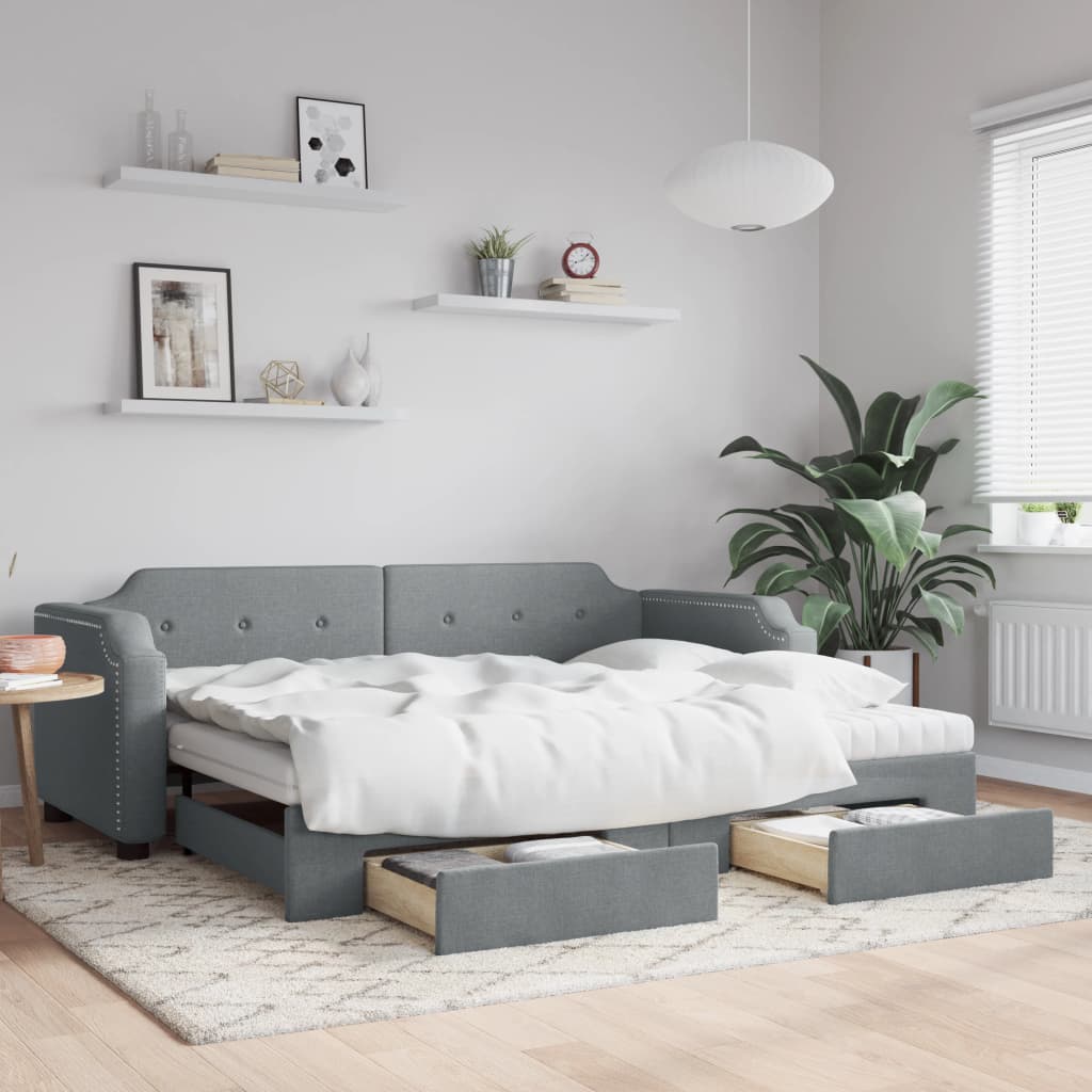 Slaapbank Met Onderschuifbed En Lades Stof Lichtgrijs 90 x 190 cm met onderschuifbed en lade en matras