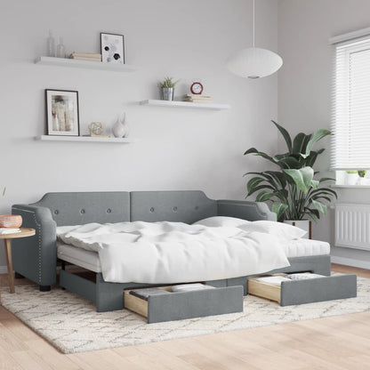 Slaapbank Met Onderschuifbed En Lades Stof Lichtgrijs 90 x 190 cm met onderschuifbed en lade en matras