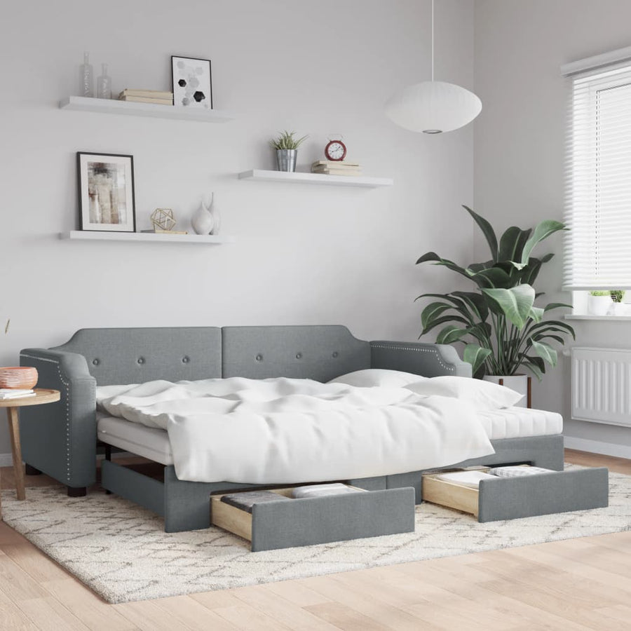 Slaapbank Met Onderschuifbed En Lades Stof Lichtgrijs 90 x 190 cm met onderschuifbed en lade en matras