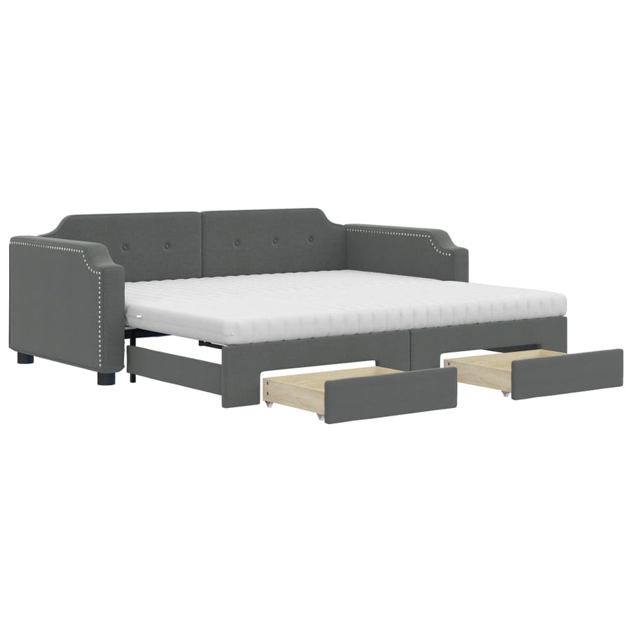 Slaapbank Onderschuifbed En Lades Stof 90 x 190 cm Donkergrijs met onderschuifbed en lade en matras