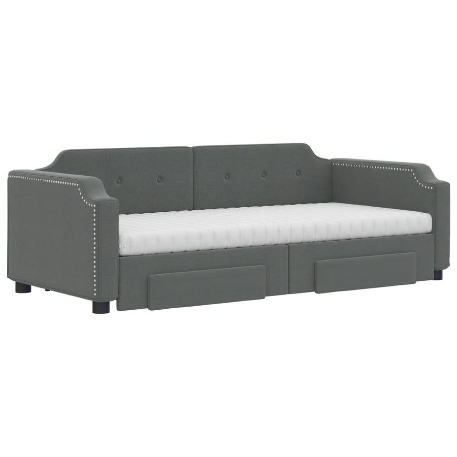 Slaapbank Onderschuifbed En Lades Stof 90 x 190 cm Donkergrijs met onderschuifbed en lade en matras