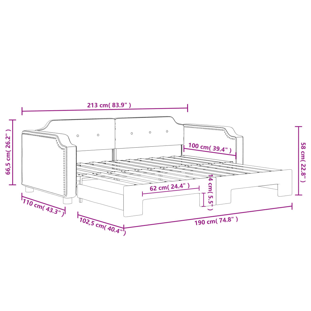 Slaapbank met onderschuifbed 100x190 cm stof lichtgrijs