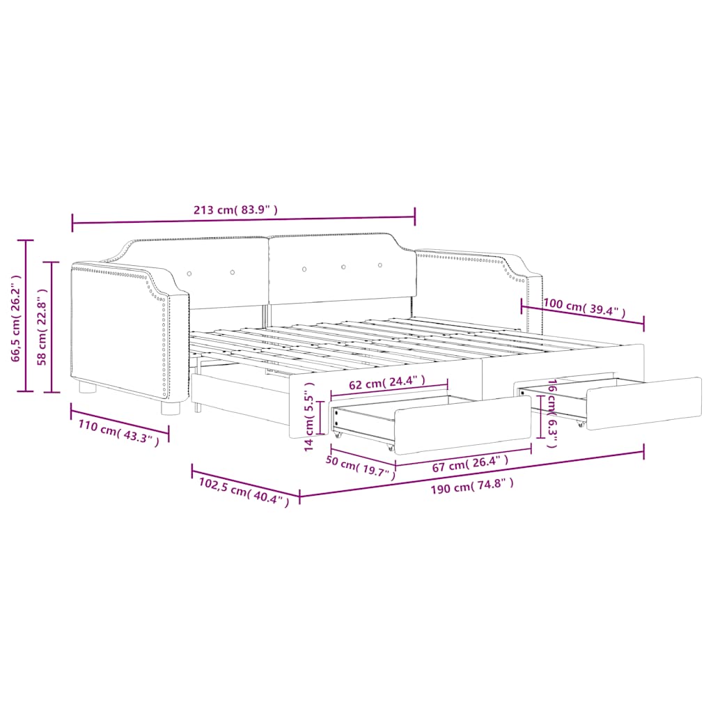 Slaapbank met onderschuifbed lades 100x190 cm stof lichtgrijs