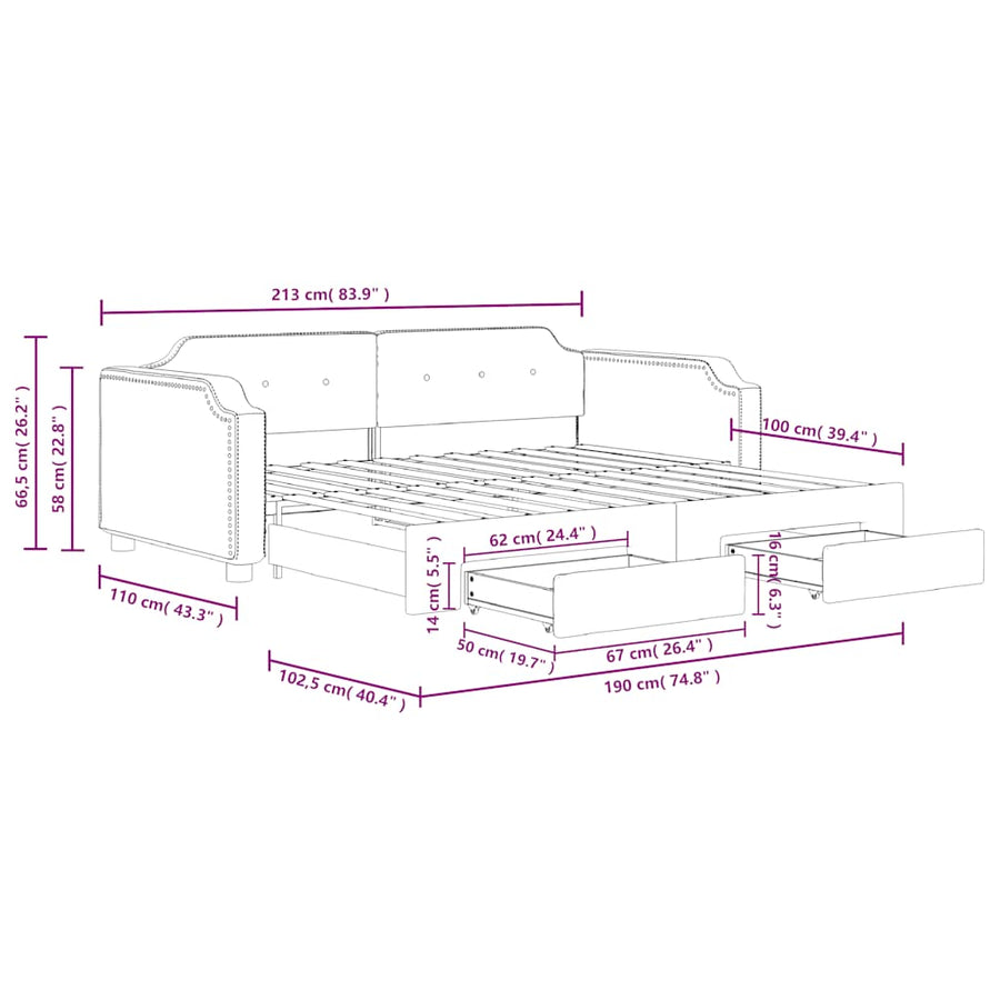 Slaapbank met onderschuifbed lades 100x190 cm stof lichtgrijs