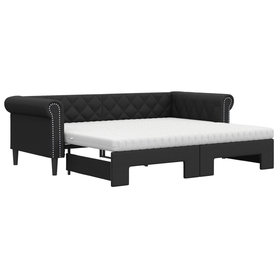 Slaapbank Onderschuifbed En Matrassen Kunstleer 90 x 200 cm Zwart met onderschuifbed en matras