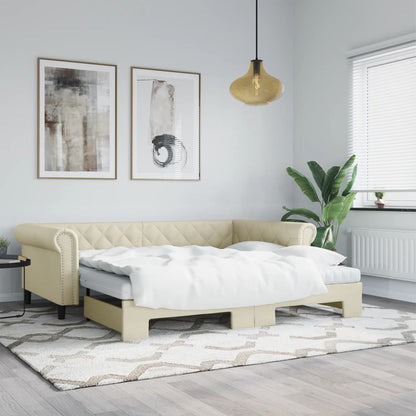 Slaapbank onderschuifbed en matrassen 90x200 cm kunstleer crème