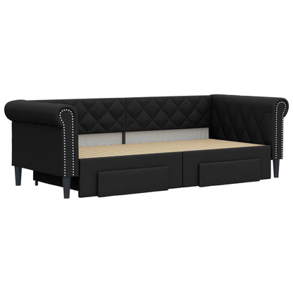 Slaapbank S Kunstleer 90 x 200 cm Zwart met onderschuifbed en lade