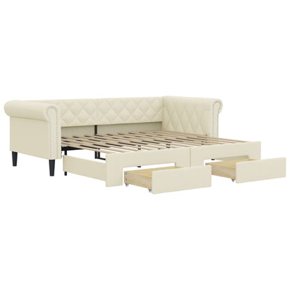 Slaapbank Met Onderschuifbed En Lades 90X200 Cm Kunstleer Crème 90 x 200 cm