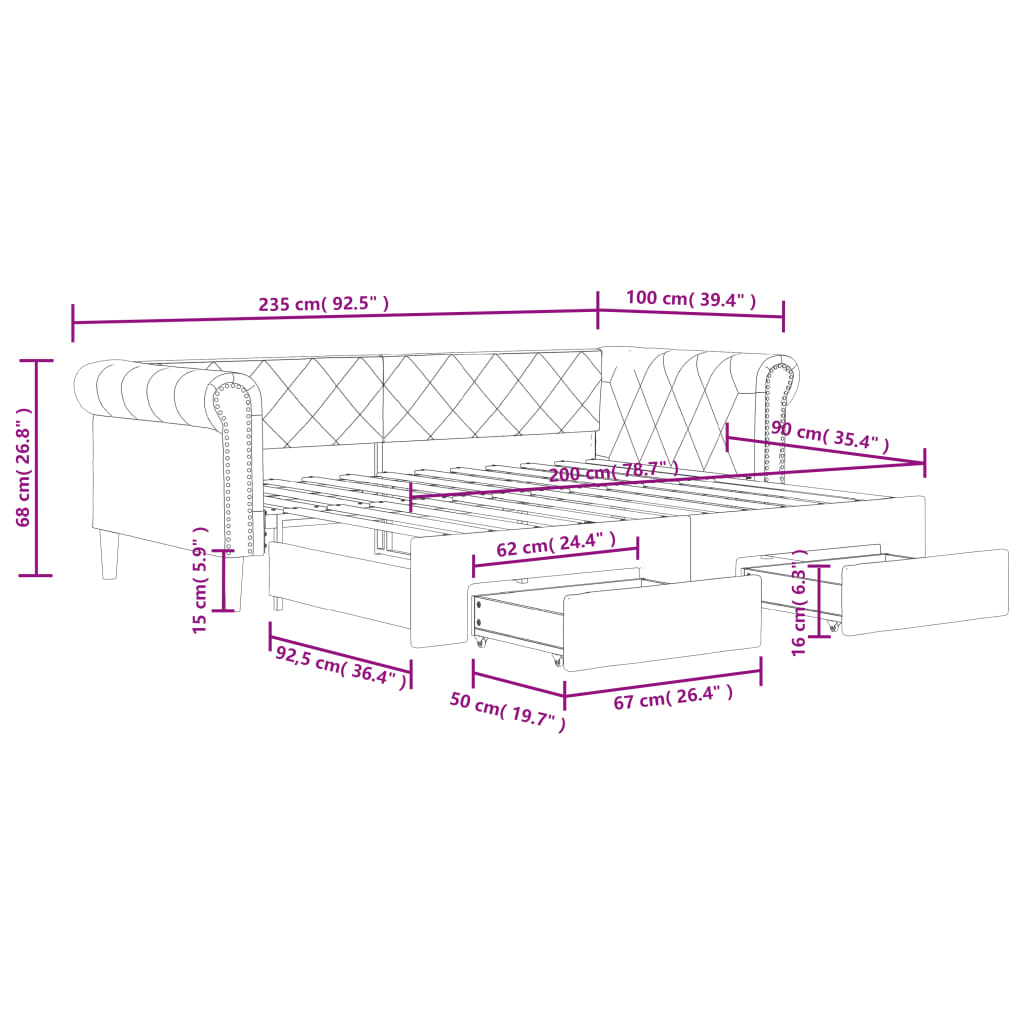 Slaapbank S Kunstleer 90 x 200 cm Cappuccino met onderschuifbed en lade