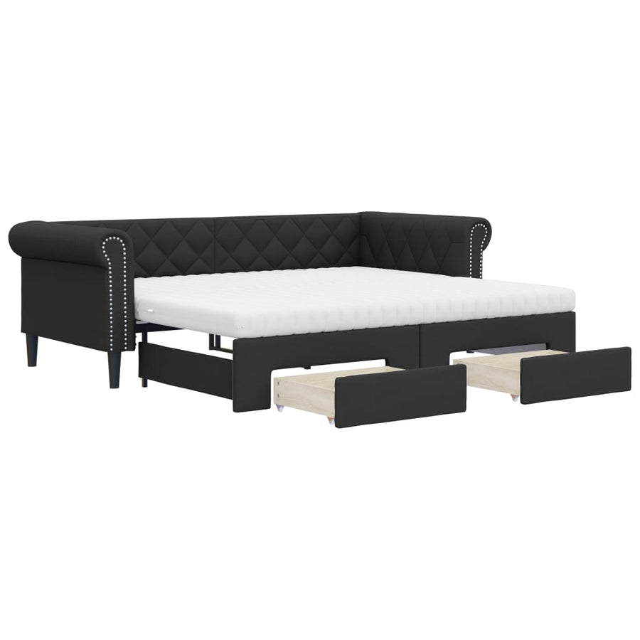 Slaapbank Met Onderschuifbed En Lades Kunstleer 90 x 200 cm Zwart met onderschuifbed en lade en matras