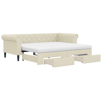 Slaapbank Met Onderschuifbed En Lades 90X200 Cm Kunstleer Crème 90 x 200 cm met onderschuifbed en lade en matras