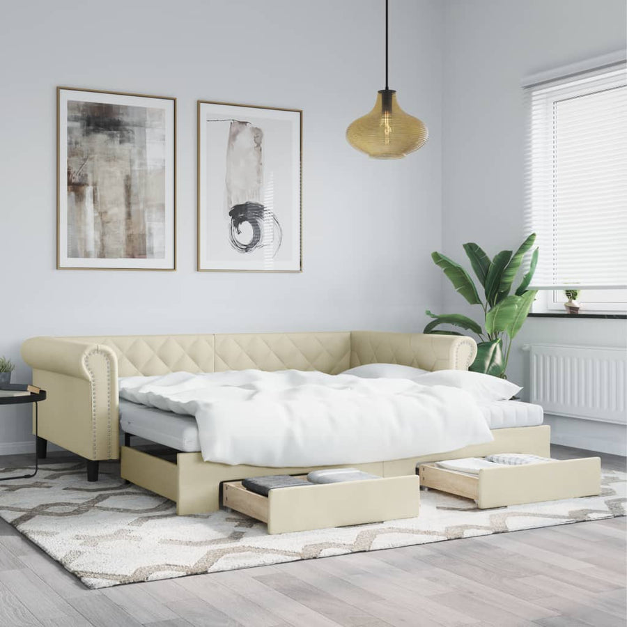 Slaapbank met onderschuifbed en lades 90x200 cm kunstleer crème