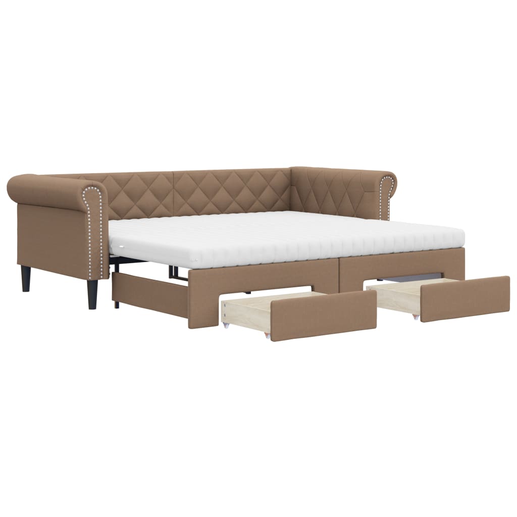 Slaapbank Met Onderschuifbed En Lades Kunstleer 90 x 200 cm Cappuccino met onderschuifbed en lade en matras