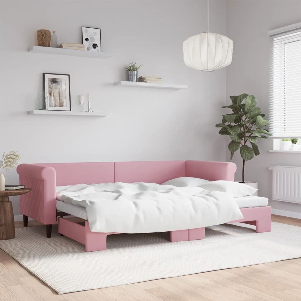 Slaapbank met onderschuifbed 80x200 cm fluweel roze