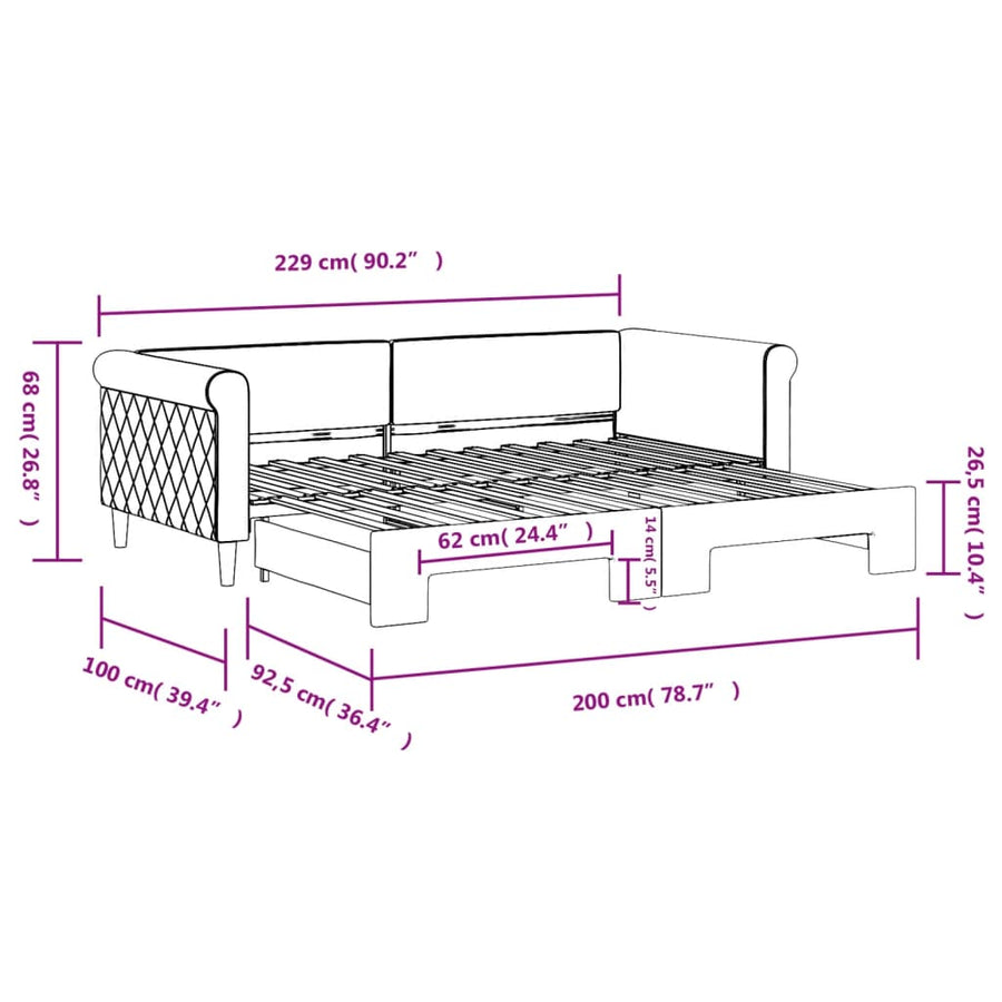 Slaapbank met onderschuifbed 90x200 cm fluweel lichtgrijs