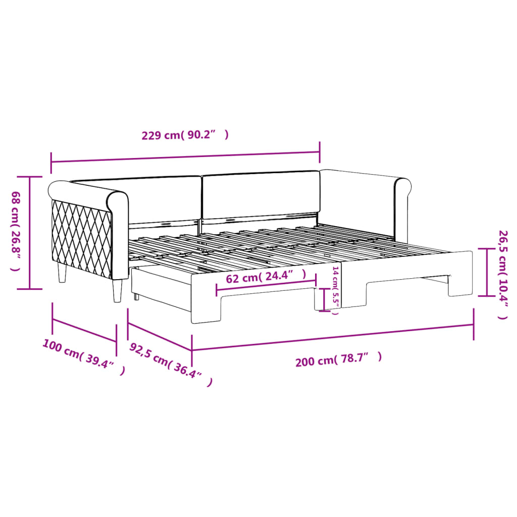 Slaapbank met onderschuifbed 90x200 cm fluweel roze