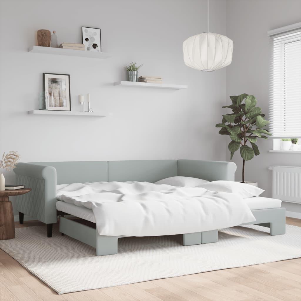 Slaapbank Fluweel 100 x 200 cm Lichtgrijs met onderschuifbed