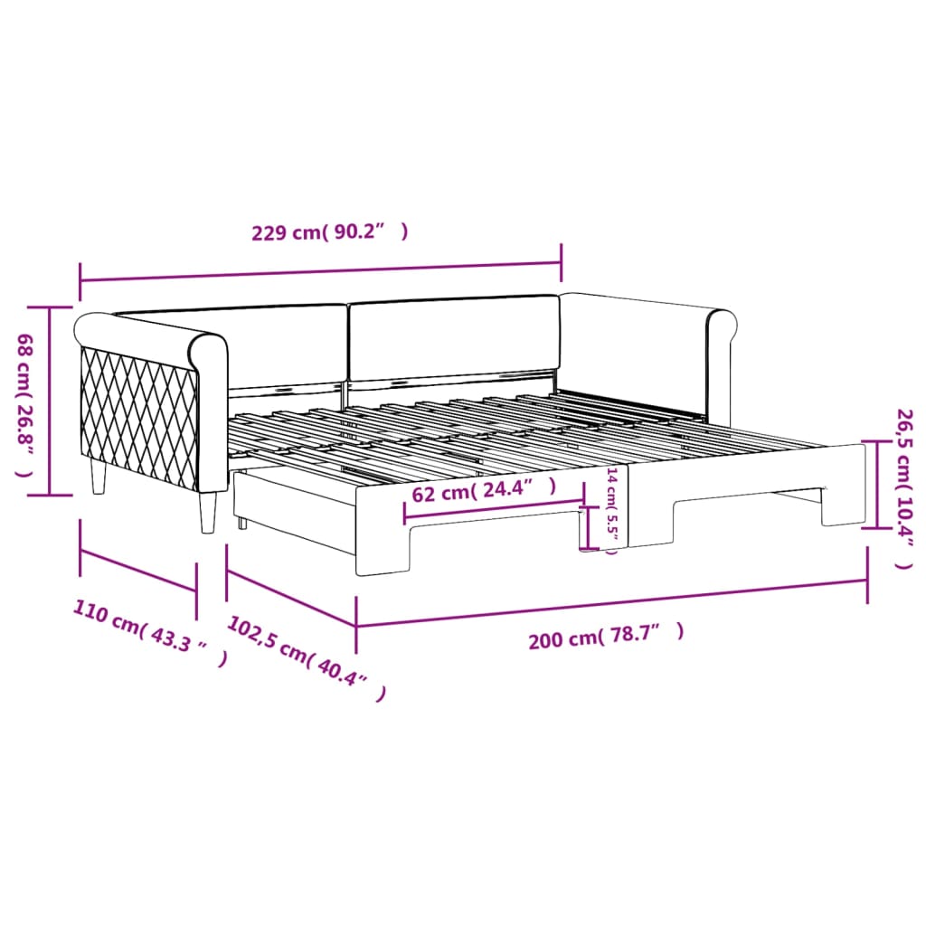 Slaapbank met onderschuifbed 100x200 cm fluweel roze