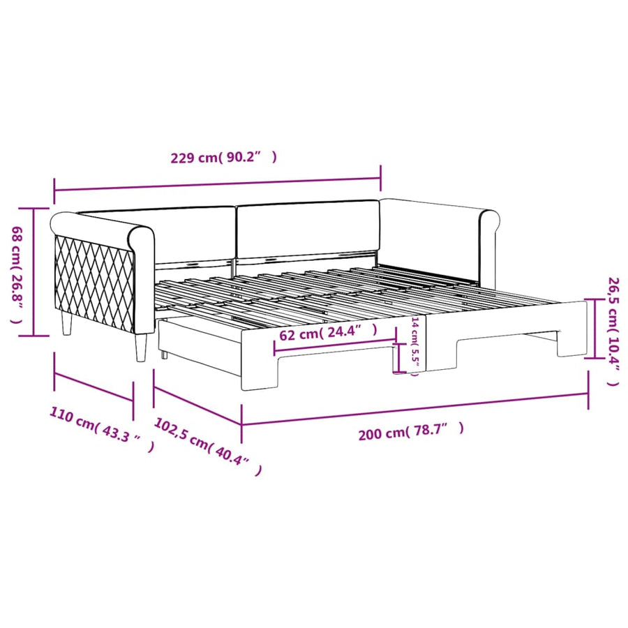 Slaapbank met onderschuifbed 100x200 cm fluweel roze