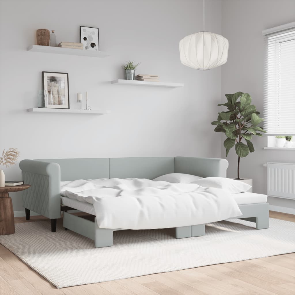 Slaapbank Fluweel 90 x 190 cm Lichtgrijs met onderschuifbed