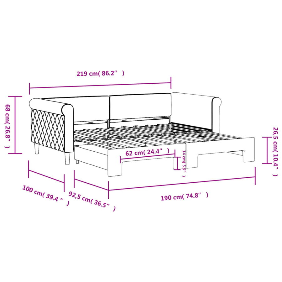Slaapbank met onderschuifbed 90x190 cm fluweel donkergrijs