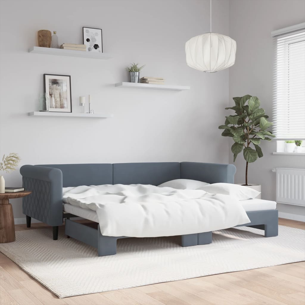 Slaapbank met onderschuifbed 90x190 cm fluweel donkergrijs