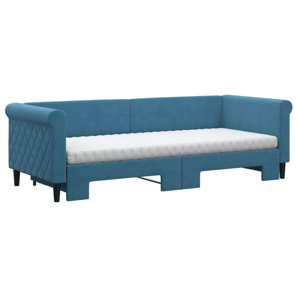 Slaapbank Onderschuifbed En Matrassen Fluweel 80 x 200 cm Blauw met onderschuifbed en matras