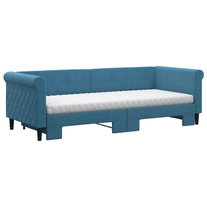 Slaapbank Onderschuifbed En Matrassen Fluweel 80 x 200 cm Blauw met onderschuifbed en matras
