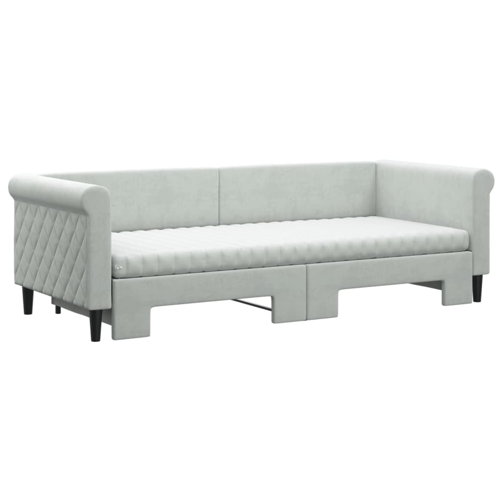 Slaapbank Onderschuifbed Matrassen Fluweel 80 x 200 cm Lichtgrijs met onderschuifbed en matras