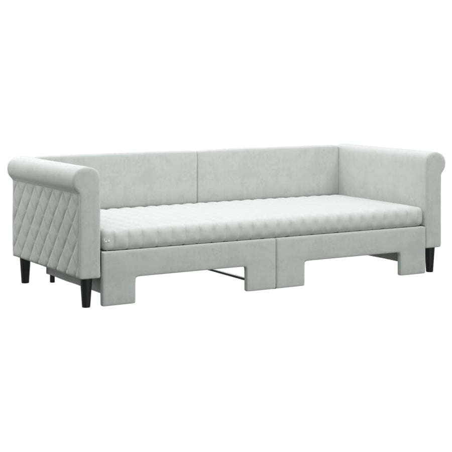 Slaapbank Onderschuifbed Matrassen Fluweel 80 x 200 cm Lichtgrijs met onderschuifbed en matras