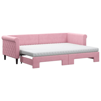 Slaapbank onderschuifbed en matrassen 80x200 cm fluweel roze