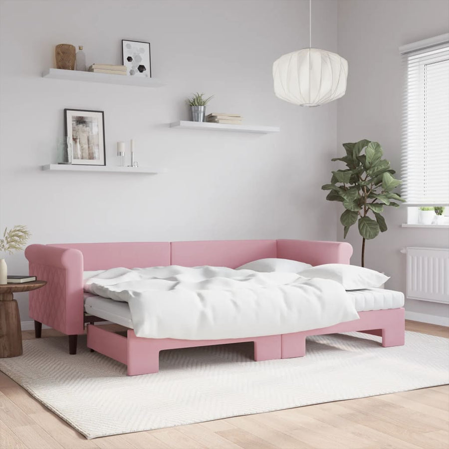Slaapbank onderschuifbed en matrassen 80x200 cm fluweel roze