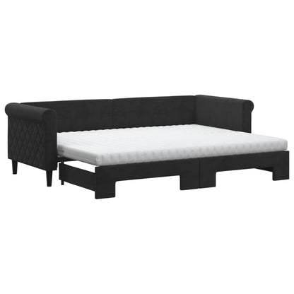 Slaapbank Onderschuifbed En Matrassen Fluweel 80 x 200 cm Zwart met onderschuifbed en matras