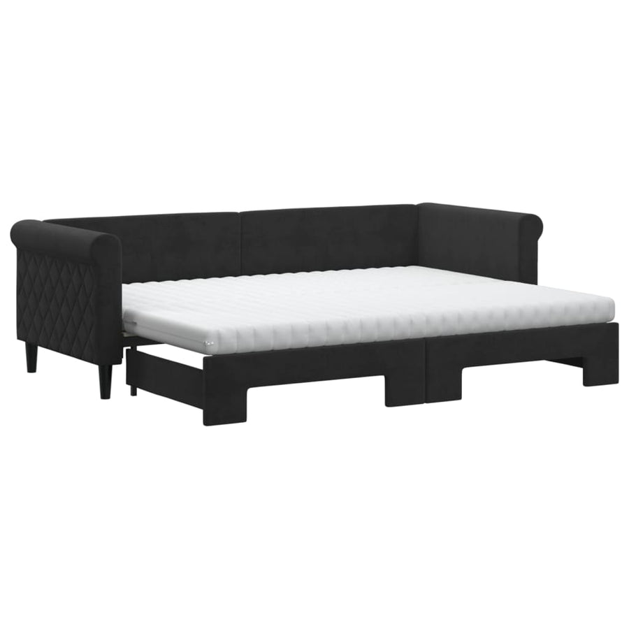 Slaapbank Onderschuifbed En Matrassen Fluweel 80 x 200 cm Zwart met onderschuifbed en matras