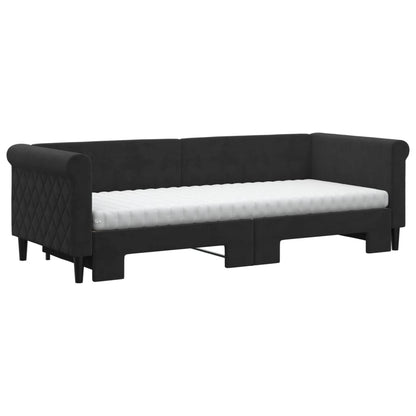 Slaapbank Onderschuifbed En Matrassen Fluweel 80 x 200 cm Zwart met onderschuifbed en matras