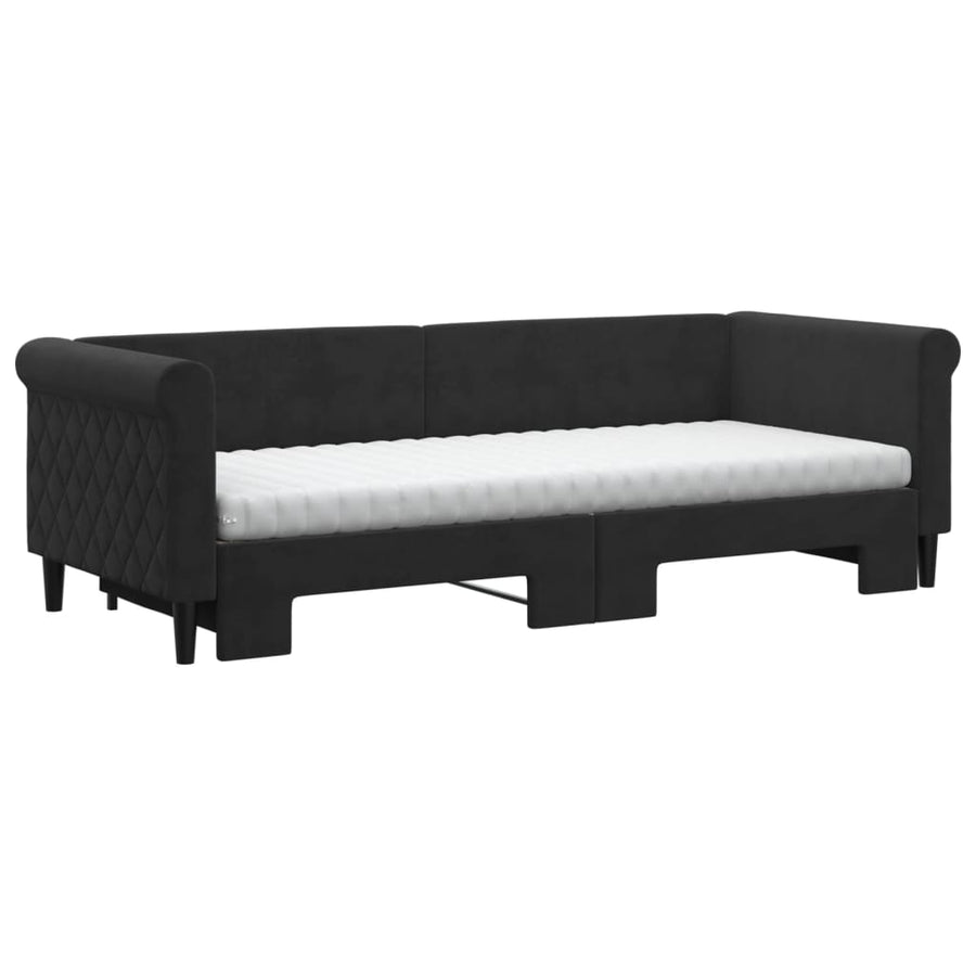 Slaapbank Onderschuifbed En Matrassen Fluweel 80 x 200 cm Zwart met onderschuifbed en matras