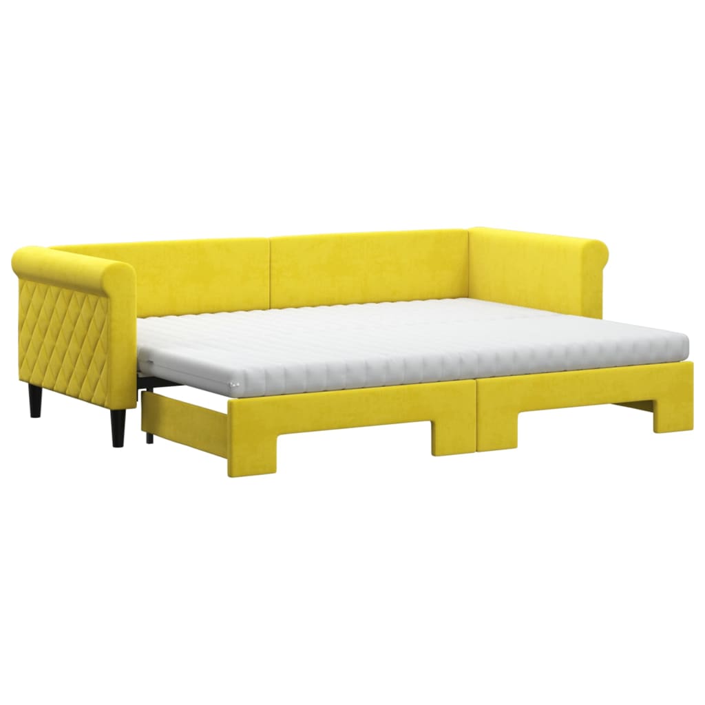 Slaapbank Onderschuifbed En Matrassen Fluweel 80 x 200 cm Geel met onderschuifbed en matras