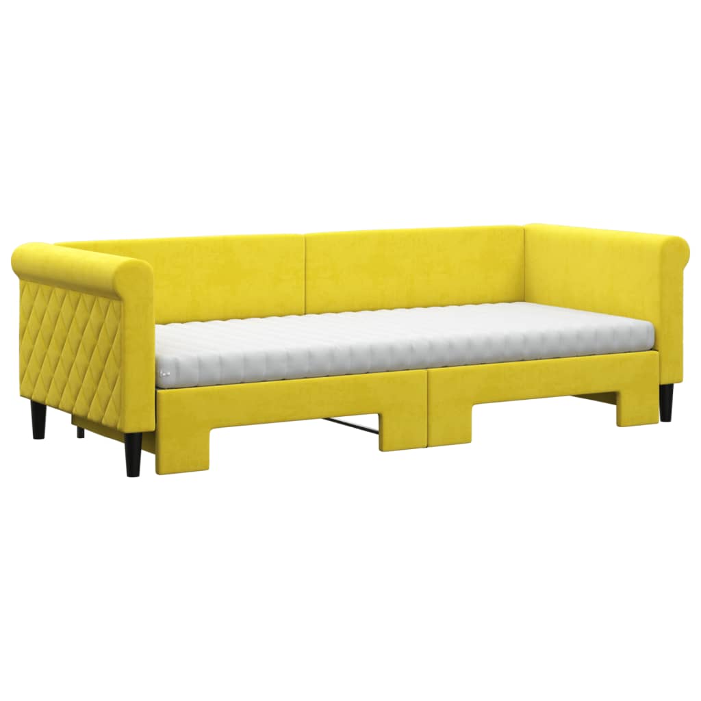 Slaapbank Onderschuifbed En Matrassen Fluweel 80 x 200 cm Geel met onderschuifbed en matras