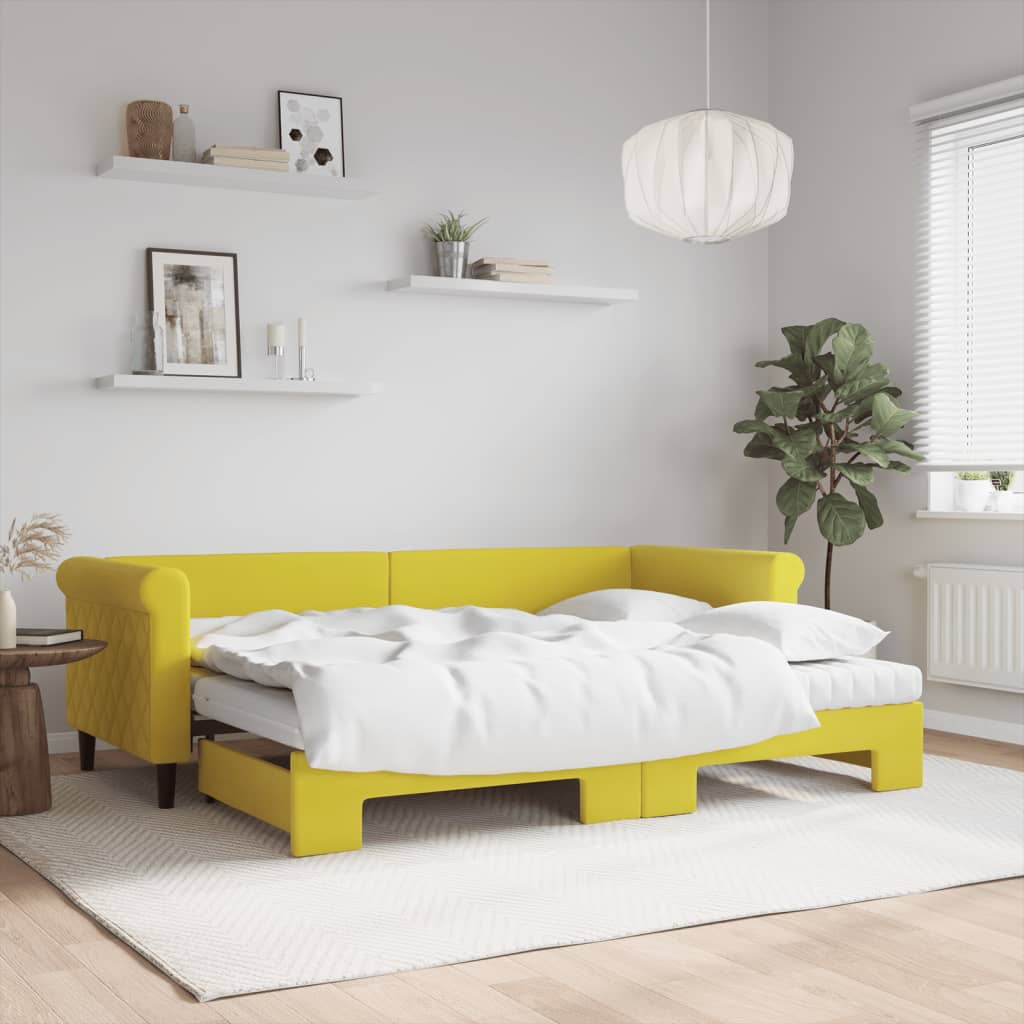 Slaapbank Onderschuifbed En Matrassen Fluweel 80 x 200 cm Geel met onderschuifbed en matras
