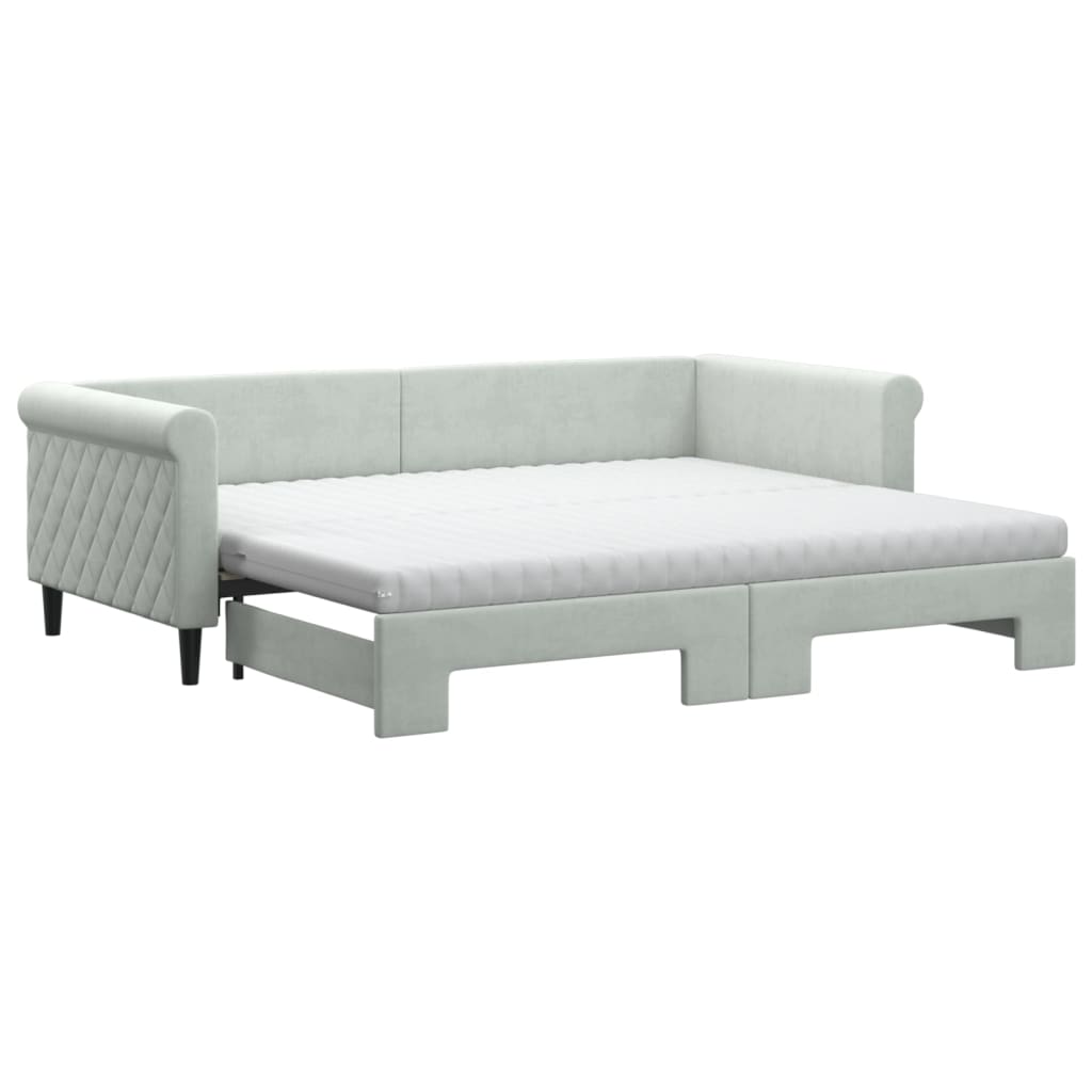 Slaapbank Onderschuifbed Matrassen Fluweel 90 x 200 cm Lichtgrijs met onderschuifbed en matras