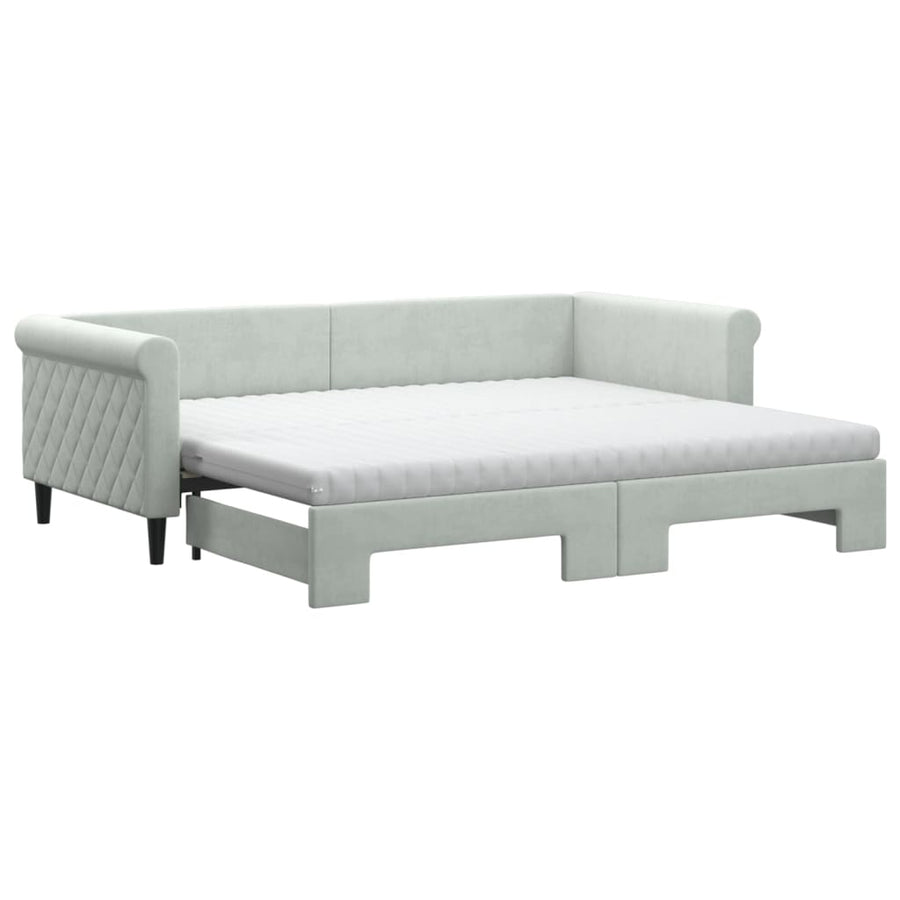 Slaapbank Onderschuifbed Matrassen Fluweel 90 x 200 cm Lichtgrijs met onderschuifbed en matras