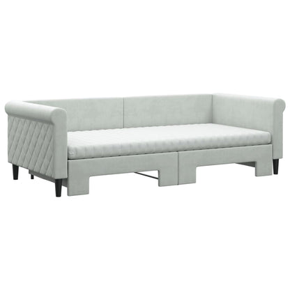 Slaapbank Onderschuifbed Matrassen Fluweel 90 x 200 cm Lichtgrijs met onderschuifbed en matras