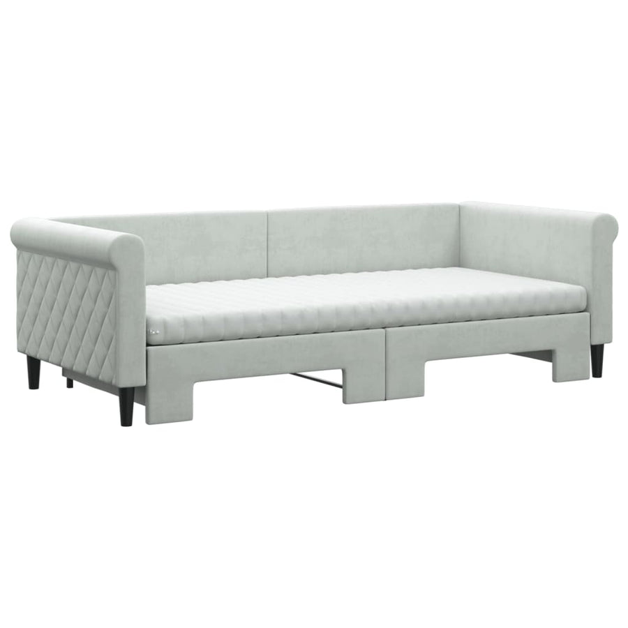 Slaapbank Onderschuifbed Matrassen Fluweel 90 x 200 cm Lichtgrijs met onderschuifbed en matras