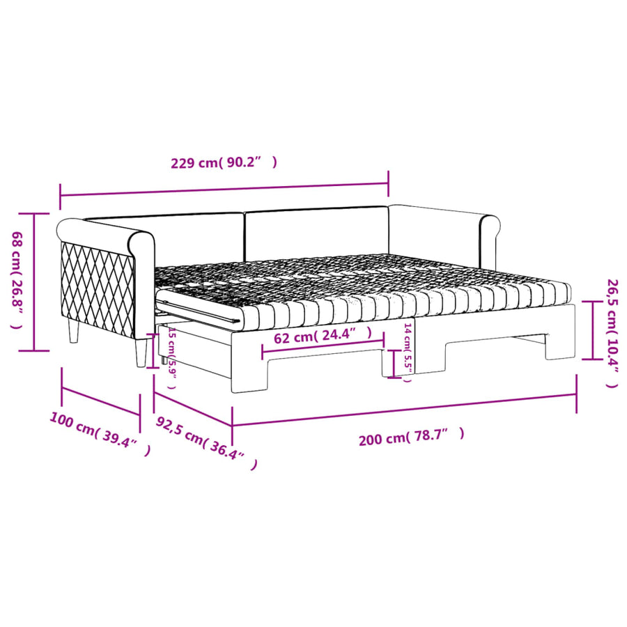 Slaapbank onderschuifbed matrassen 90x200cm fluweel donkergrijs