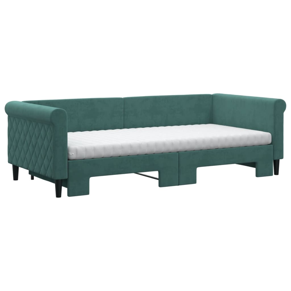 Slaapbank onderschuifbed matrassen 90x200cm fluweel donkergroen