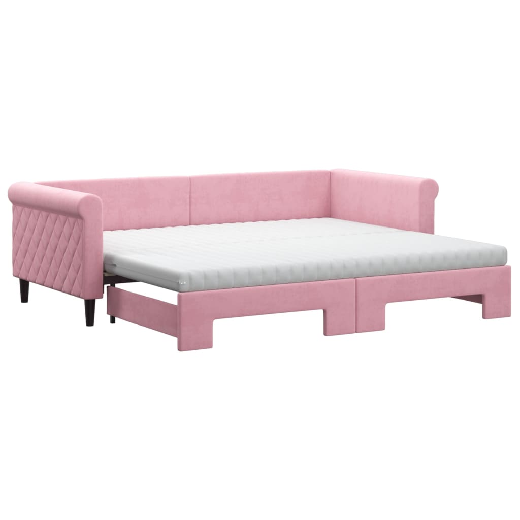 Slaapbank onderschuifbed en matrassen 90x200 cm fluweel roze