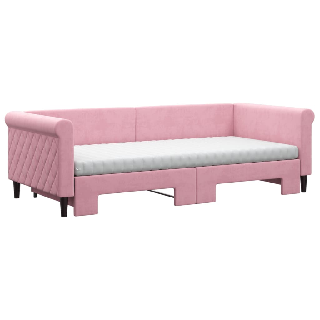 Slaapbank onderschuifbed en matrassen 90x200 cm fluweel roze