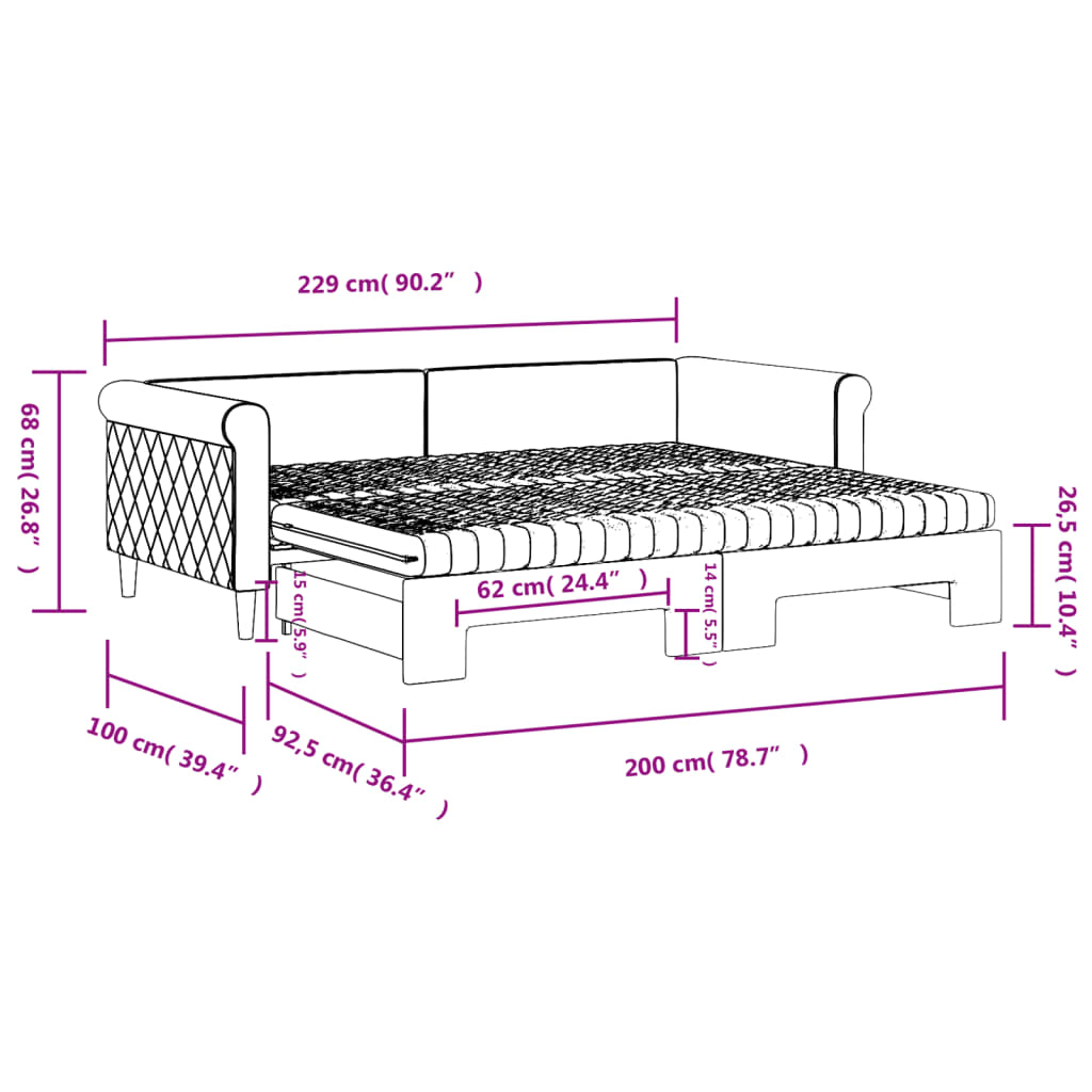 Slaapbank onderschuifbed en matrassen 90x200 cm fluweel roze